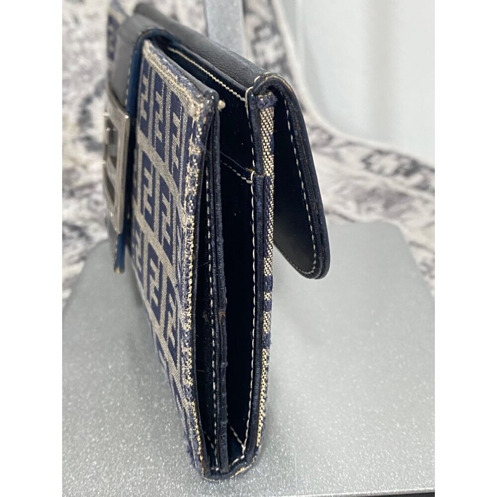 FENDI Zucca Canvas Leather Bifold Long Wallet Gray Navy - Picture 2 of 7